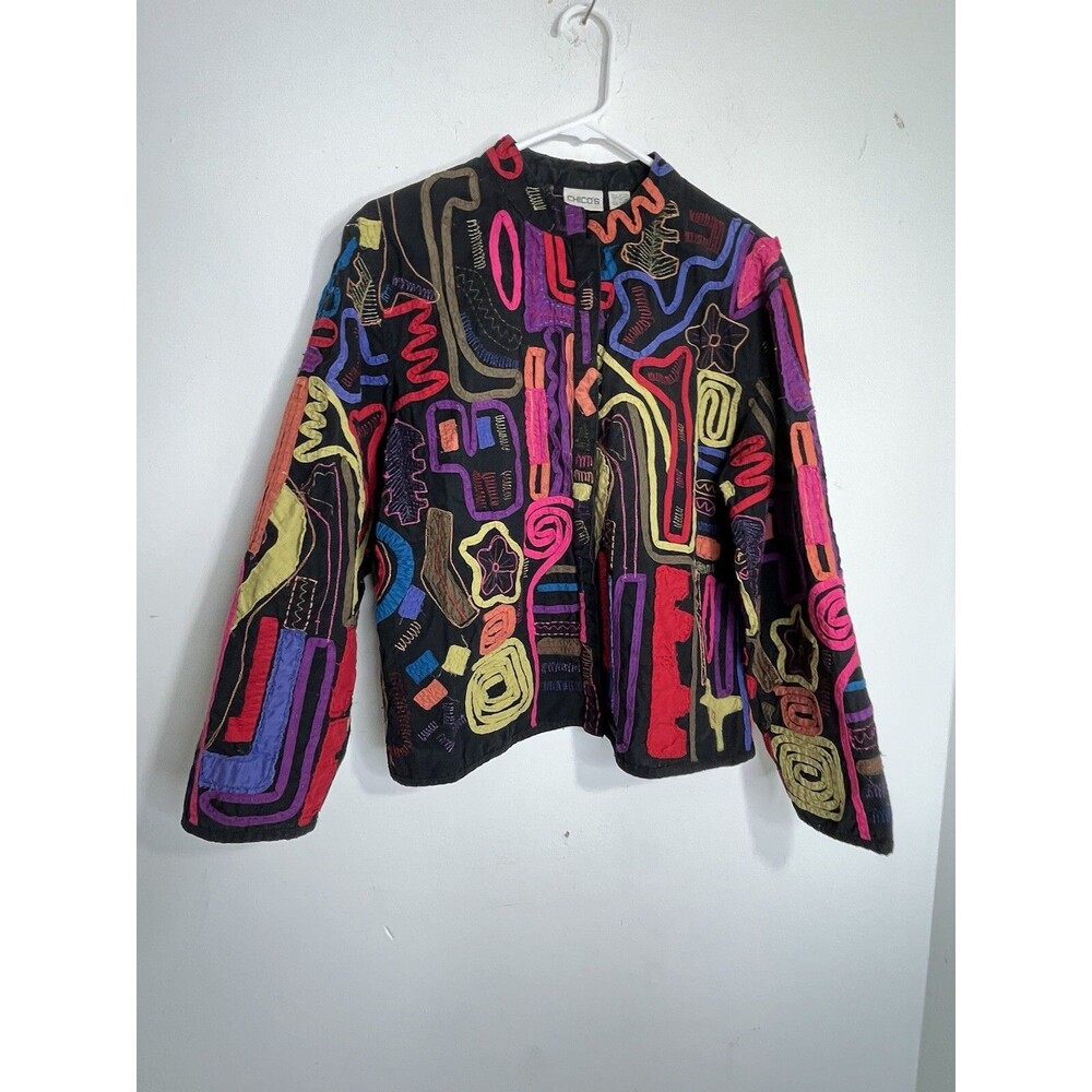 Chicos Button Mixed media Multi Art Print Blouse Shirt Womens 2 US L  (13)
